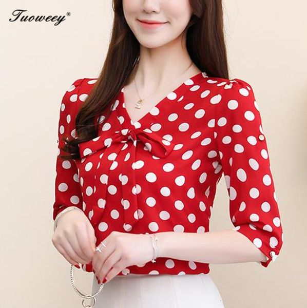 

polka dot women and blouse white chiffon red ladies shirts casual vintage v neck bow office half sleeve blusa mujer