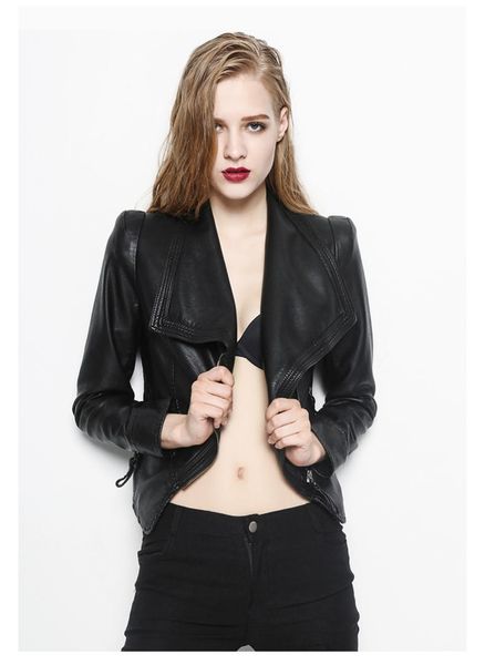 

women faux leather jacket large lapel autumn slim zipper basic motorcycle biker jacket streetwear casual pu classic coat outwear, Black