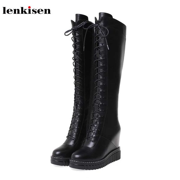 

lenkisen platform cow leather knight boots high heels lace up thick bottom height lncreasing winter warm thigh high boots l03, Black