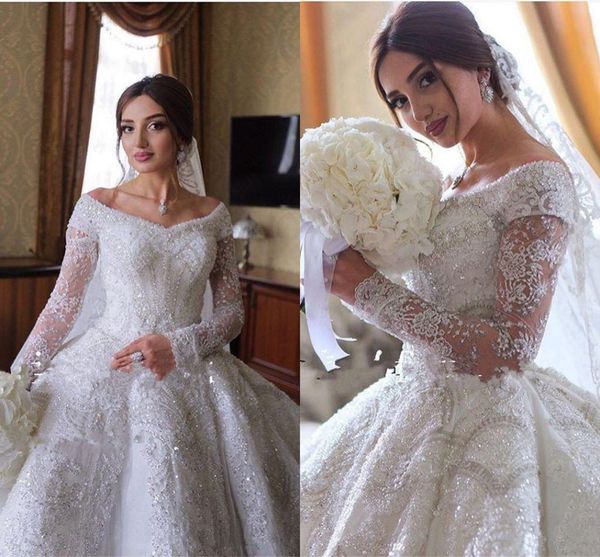 

sparkly crystal beaded ball gown wedding dresses luxury off shoulder appliqued plus size saudi arabic dubai bridal gown vestidos de novia, White