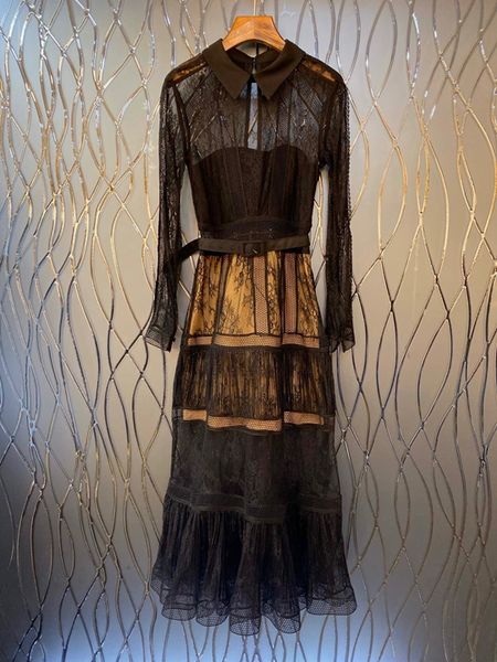 

ранняя весна 2020 новых женщин небольшой отворот перспективы сращивания декоративные пряжки талии длинным рукавом платье 1213, Black;gray