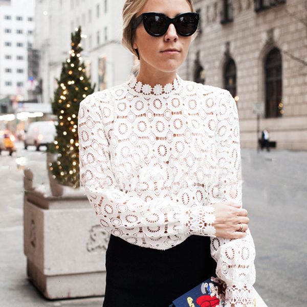 

женская одежда блуза для женщин цветочной элегантной кружева блузка рубашки белой блузки весна-лето выдалбливает топы lace blusas ho800442, White