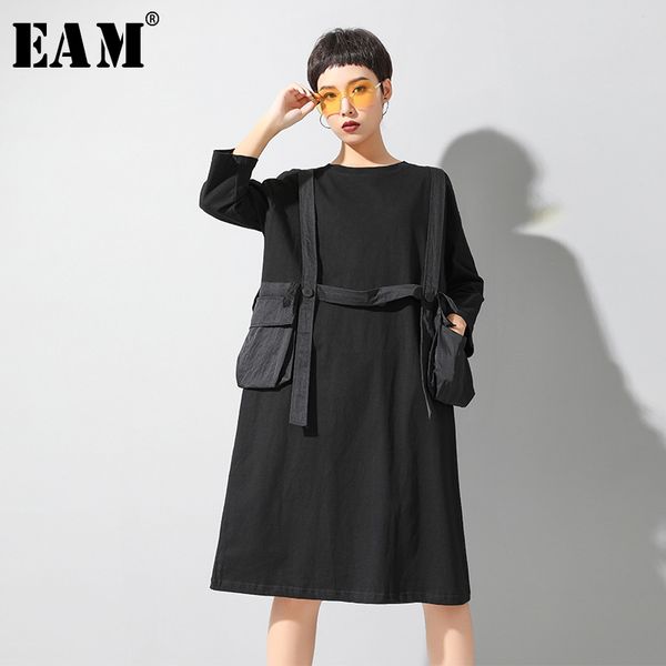 

eam] women black big pocket split big size dress new round neck half sleeve loose fit fashion tide spring summer 2020 1u143, Black;gray