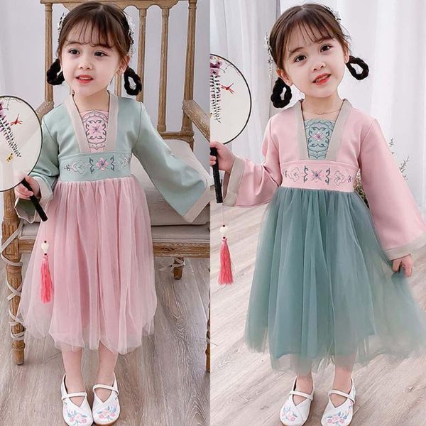 

fashion baby girls hanfu dress children kids girls han chinese clothing embroidery princess summer autumn tulle dress vestidos, Red;yellow