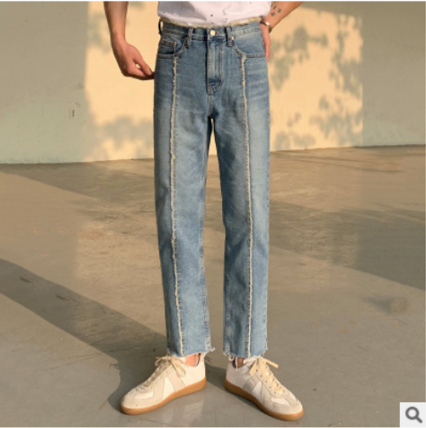 

2020 summer light blue jeans stereo cut rough edge nine - minute pants korean straight - cut pants