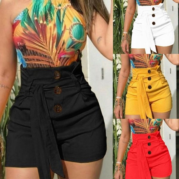 

newly women beach shorts with belt high waist button slim fit short pants for summer, White;black