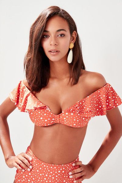 

trendyol cinnamon polka dot carmen neck bikini tbess19he0024