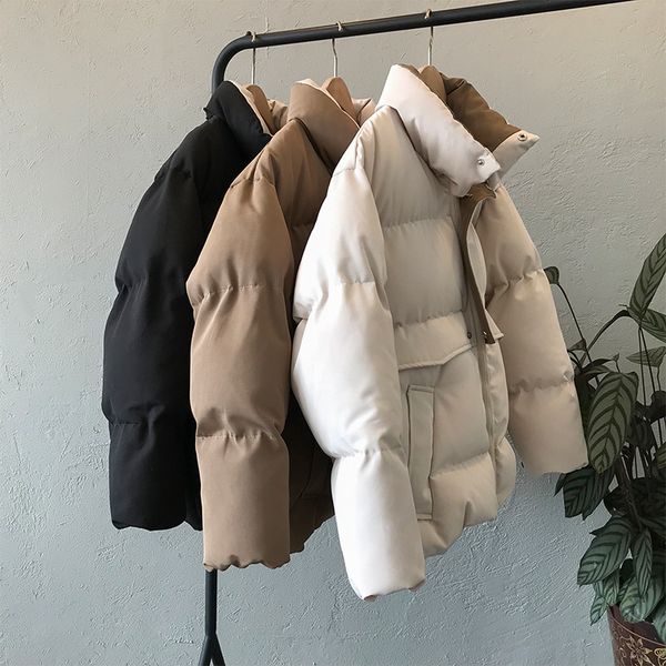 

2019 new autumn winter women cotton-padded coat loose stand collar zipper bread jackets thick keep warm students wadded parkas, Black