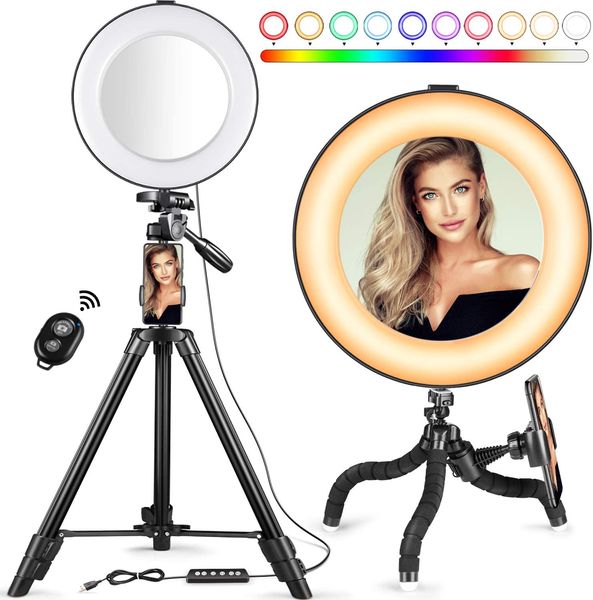 Selfie Anel Light - 14 Cores RGB Ring Light com 2 Excription Ajustável Stand / Titular do Telefone / Câmera Obturador Remoto Melhor 10 Níveis de Brilho
