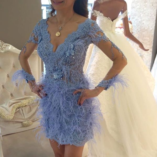 

2019 elegant long sleeve cocktail dresses v neck lace feather short mini formal occasion party dresses custom made sale, Black