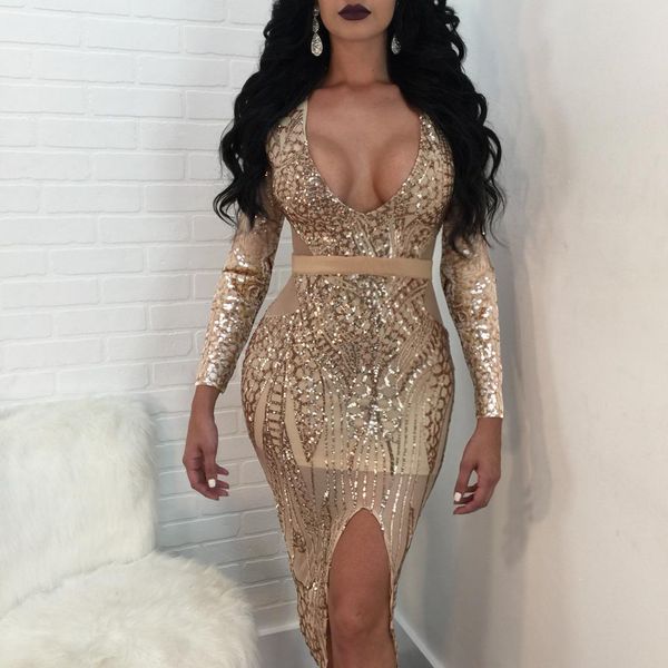 

sequins split womens bodycon dress lace deep v neck long sleeve club party dresses womens clothing, White;black
