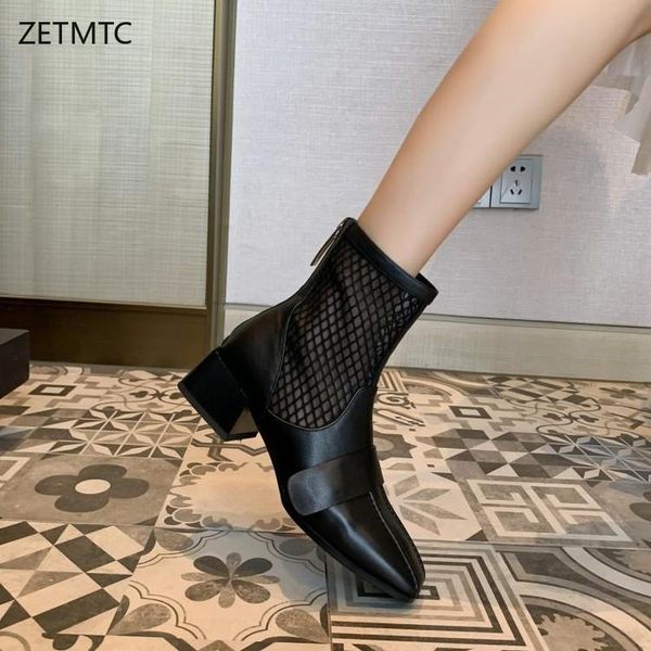 

spring autumn shoes woman leather boots square heel ankle square toe boots 2020 fashion shoes 2018 women black mesh