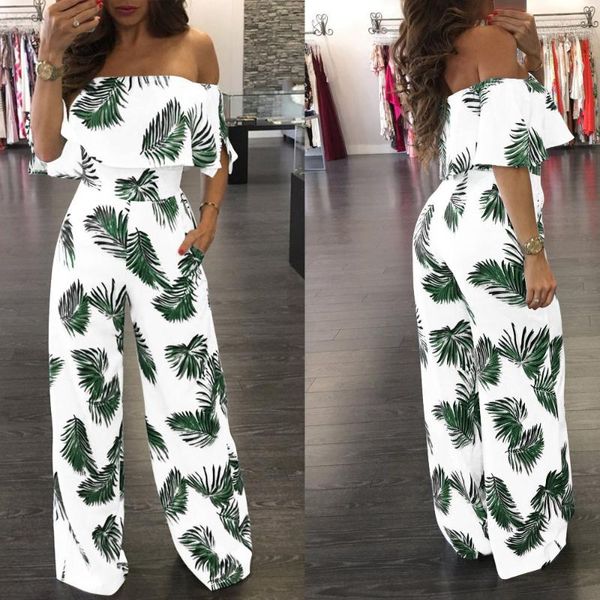

women's jumpsuits & rompers off shoulder tropical leaf printed jumpsuit women summer casual short sleeve sparkly loose playsuit wide le, Black;white