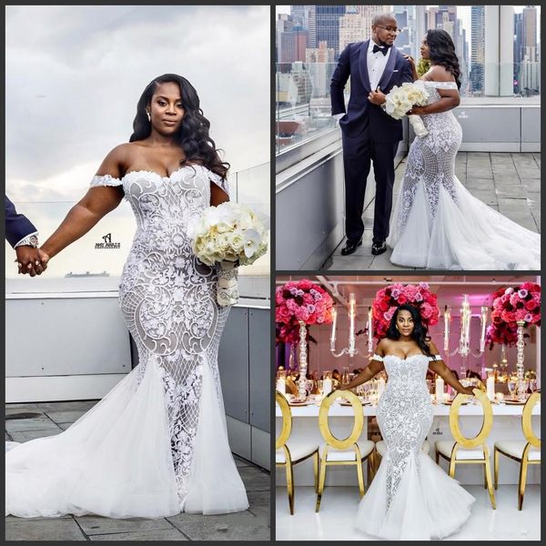 

plus size mermaid wedding dresses off shoulder sweetheart neck trumpet lace bridal gowns sweep train appliqued abiti da wedding dress 726, White