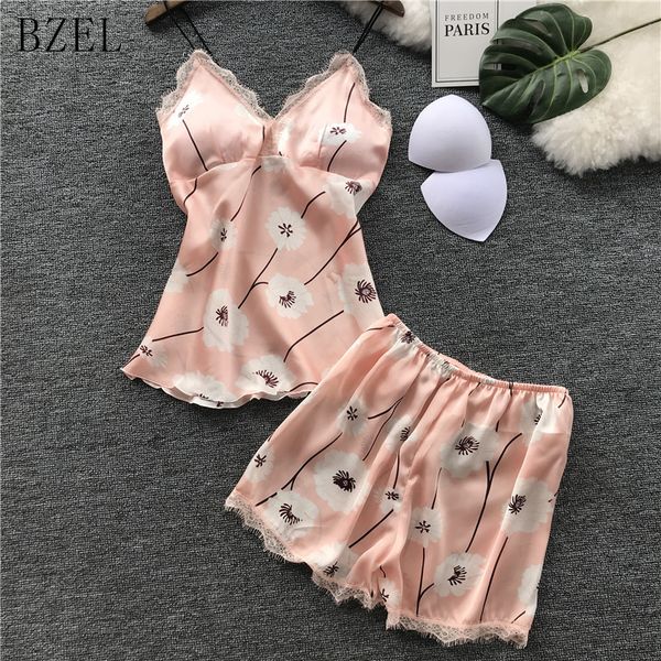 

bzel silk satin pajamas set sleeveless sleepwear floral underwear two piece set lingerie casual home wear v-neck pyjamas, Blue;gray