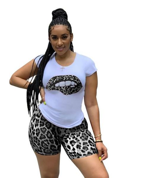 

women tracksuit summer leopard printed panelled lips short sleeve womens 2pcs set casual sport female clothing, Gray