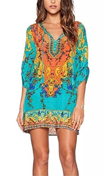 

stellarchic women bohemian neck tie vintage printed beach summer shift dress, Black;gray