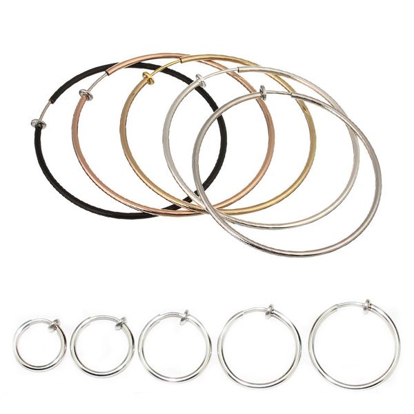 

1pair punk women rounded big earrings fake spring clip on nose ring hoop lip ring helix hoop fake ear accessories, Golden;silver
