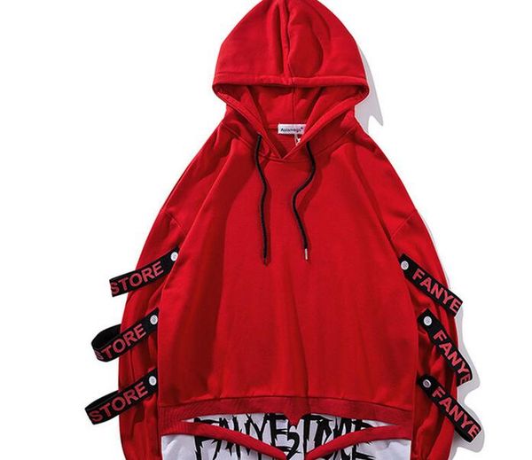 

hoodies men fake 2 pieces ribbons hooded high street pullover sweatshirt men fashion hip hop streetwear hoodie autumn, Black