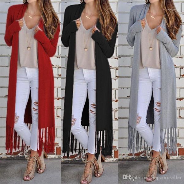 

cardigan jacket fashion solid color ladies casual apparel womens designer outerwear new fringed long sleeve medium length, Black