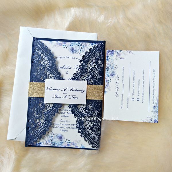 Flora Printing Lace Wedding Invitations Diy Navy Blue Shimmy Laser Cut Invite With Tag And Glitter Belt Cards Invitation