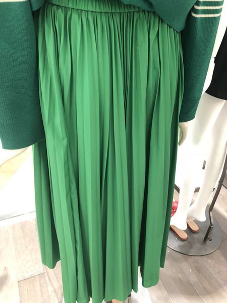 

spring and summer green women skirt pleated midi skirt with belt, Black