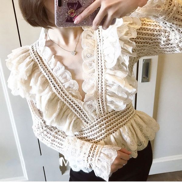 

2019new pink ruffles lace blouses female v neck long sleeve patchwork hollow out women's shirts autumn fashion clothes tide, White