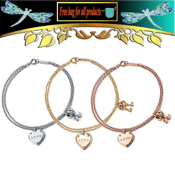 

jewelry women female party birthday gift s925 sterling silver heart & keys bracelets fashion fine jewelry, Black