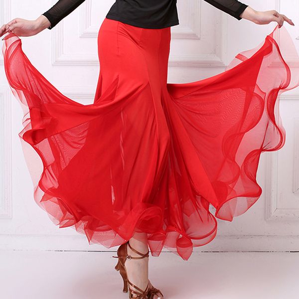 

women ballroom dance skirts flamenco mesh long skirt adults waltz standard dancing performance wear spanish rave outfit dnv12498, Black;red