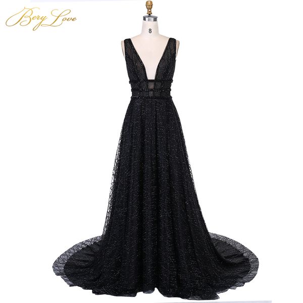 

berylove long black evening dress 2019 low back gown formal party dress prom special occasion open v neck sleeveless, White;black