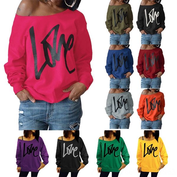 

2019 love letter printed long-sleeved t-shirt sweater t-shirt sweater women's shoulder women's top, White