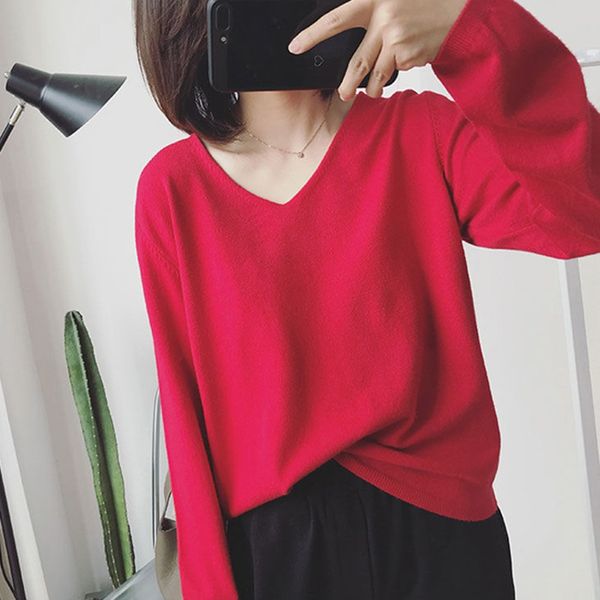 

women's sweater solid color sweater deep v-neck stretch cotton tight bottoming long-sleeved knitwear code #e, White;black