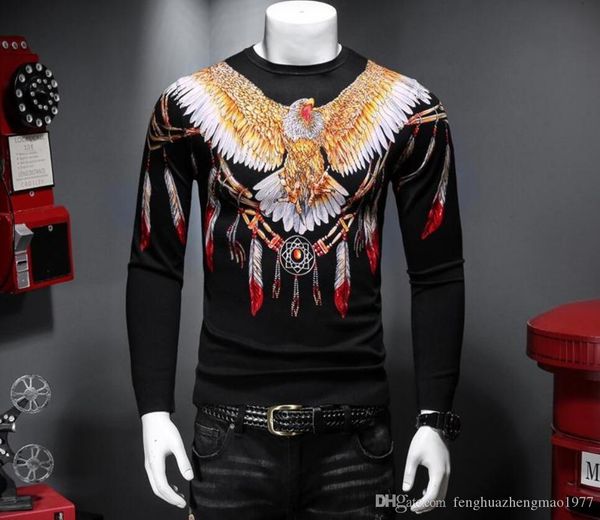 

autumn and winter personality modal eagle print men's sweater round neck slim bottoming shirt stylish and exquisite thin coat, White;black
