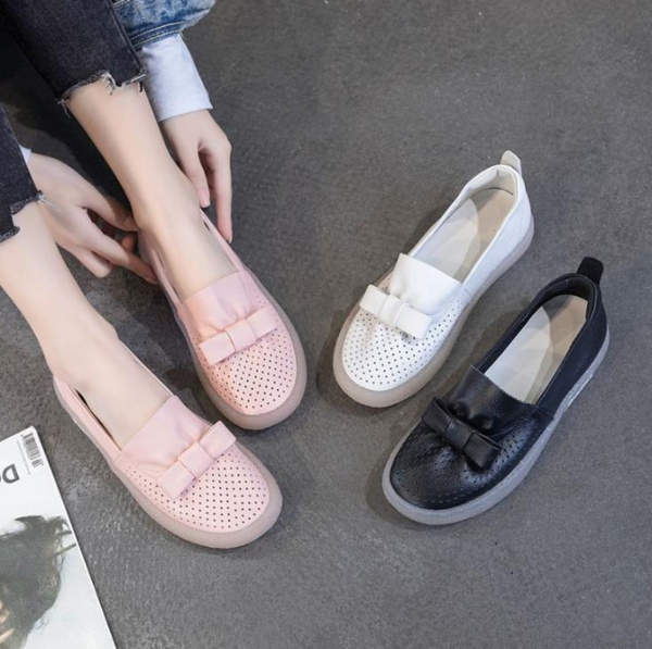 

spring new fashion leather cow rib soft sole hollowed out women's shoes retro bow flat sole single shoes women's antiskid, Black
