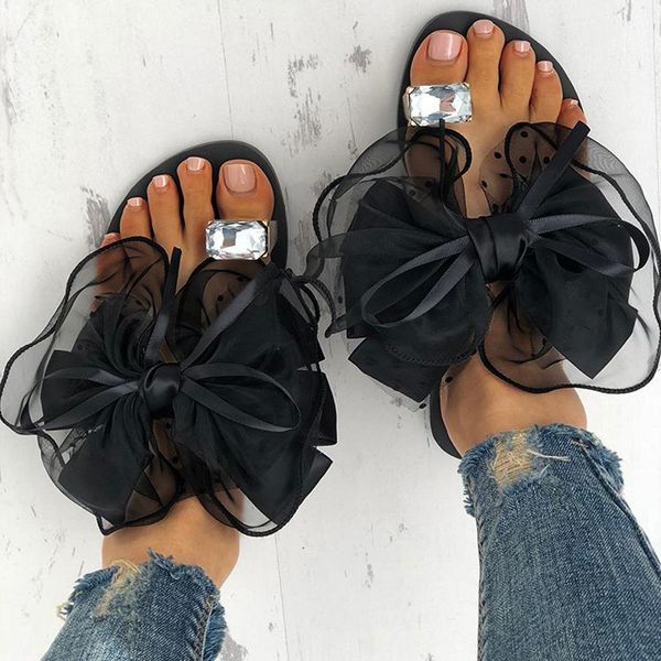 

butterfly-knot rhinestone slippers women personality outside flip flops basic non-slip slippers fashion bowknot flip flops d30, Black