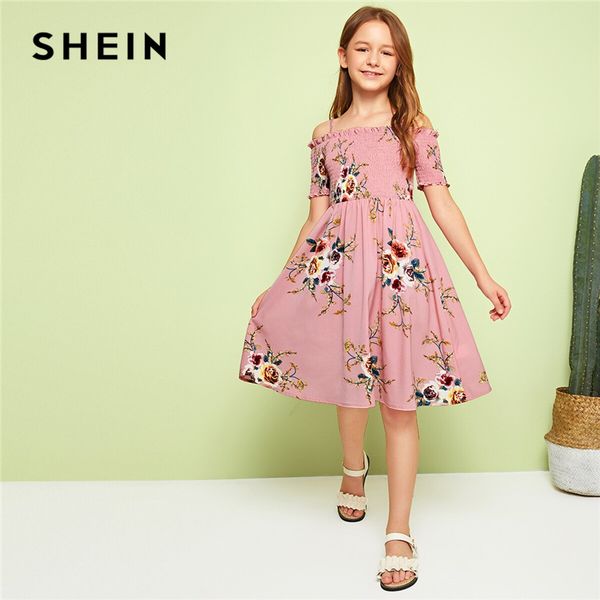 

shein kiddie cold shoulder floral print girls boho dress kids 2019 summer holiday short sleeve high waist shirred dresses, Red;yellow