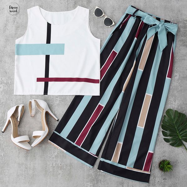 

женщины повседневная 2019 2 две женщины летние брюки средние теленок полосатой верхней части бака опоясанный брюки установить тройников и дл, White