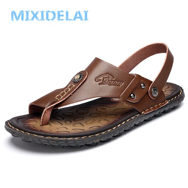 

mixidelai new fashion luxury leather men sandals handmade men shoes summer soft leather shoes flats beach sandals y200702, Black