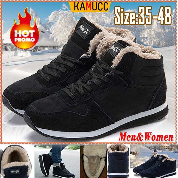 

women and men winter snow boots plus size 36-47 warm ankle botas hombre for leather winter boots shoes men plush sneakers, Black