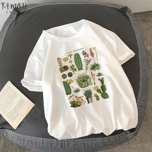 

harajuku завод кактуса мясистые cute письмо печати женщины футболка ulzzang мода лето сыпучие вскользь o шеи женщин полиэстер одежда, White