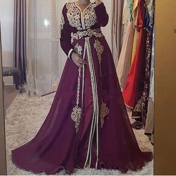 

2019 saudi arabic burgundy long sleeve evening dresses gold appliques belt muslim formal prom occasion party gowns custom made, White;black