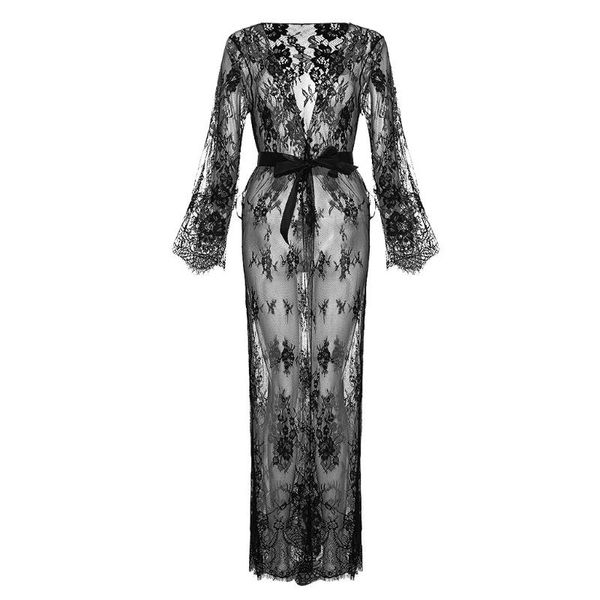 

new long robes for women lace dressing nightwear bathrobe fashion robe sleepwear underwear lingerie with satin silk belt, Black;red