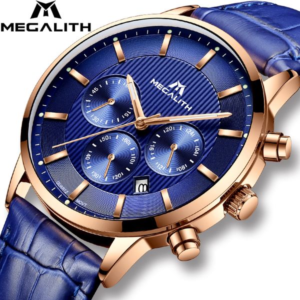 

megalith fashion sport mens watches waterproof genuine leather strap wrist watches date analogue quartz male clock, Slivery;brown