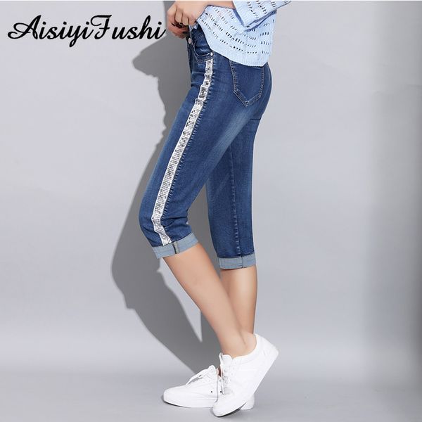 

women's denim sequined jeans plus size skinny capris jeans woman with high waist female knee length women striped stretch, Blue