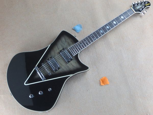 

custom music man ernie ball armada quilt black trans electric guitar curved triangle inlays mahogany body with figured maple "v" top