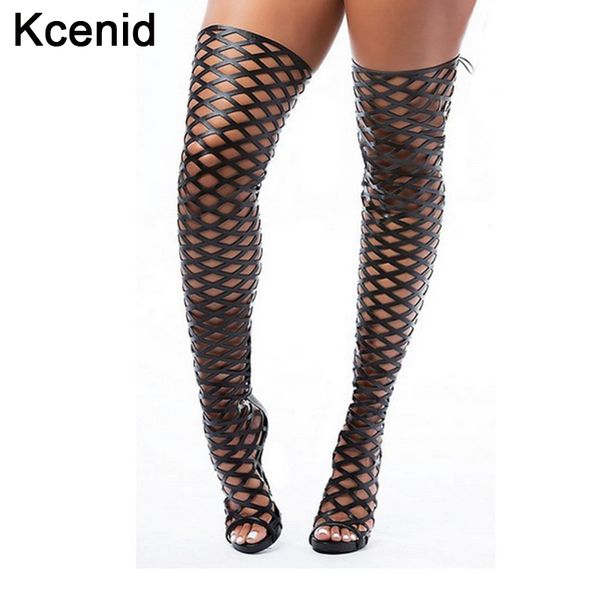

kcenid summer dance women shoes high heel women cage thigh high over the knee boots woman peep toe gladiator sandals black