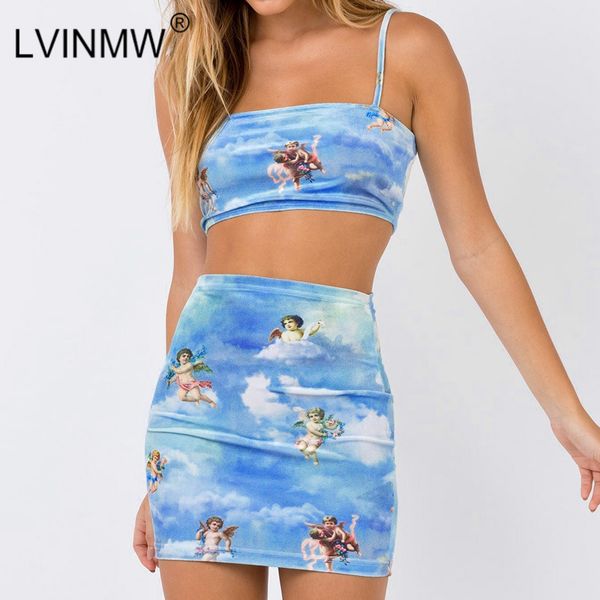 

lvinmw angel cupid printed bodycon 2 pieces sets fashion 2019 summer women camisole crop and high waist mini skirts, White