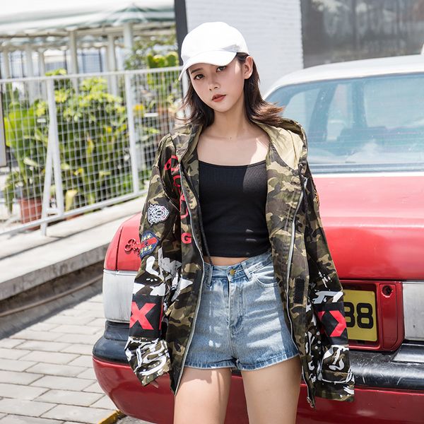

camouflage green graffiti print hooded zipper jackets women 2018 new autumn long sleeve pockets coat fashion jacket for ladies, Black;brown