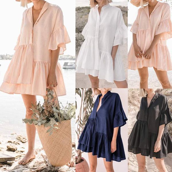

celmia women ruffle shirt dress plus size v-neck buttons casual loose mini dress 2020 summer beach female pleated vestidos, White;black