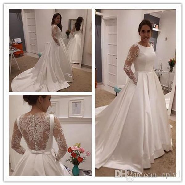 

a line атласная платья больших размеров дешевые кружева с длинными рукавами 2018 vintage milla nova свадебные платья формальные платья с поя, White